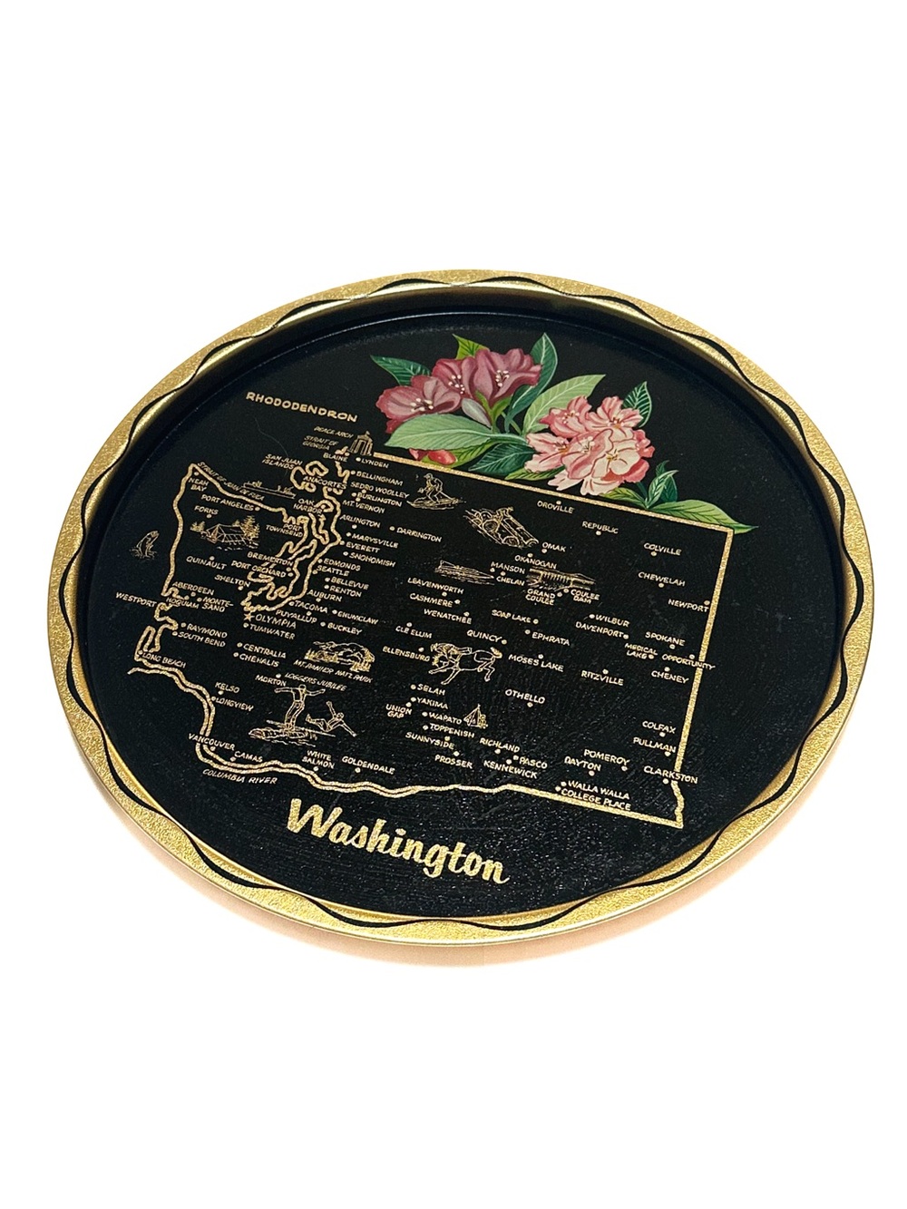 Vintage MCM Hallmark Round Metal Drinks Serving Tray State Map Washington NWT